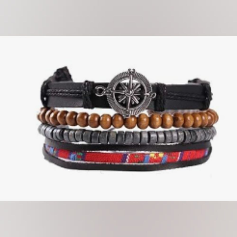 4 Men's leather bracelets layered beaded‎ compass new e34